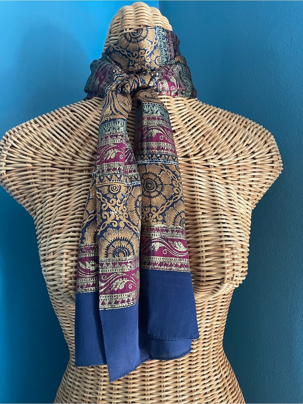 Vintage ECHO Silk Scarf Ornate Ethnic Tapestry Print Gold Burgundy Navy Blue